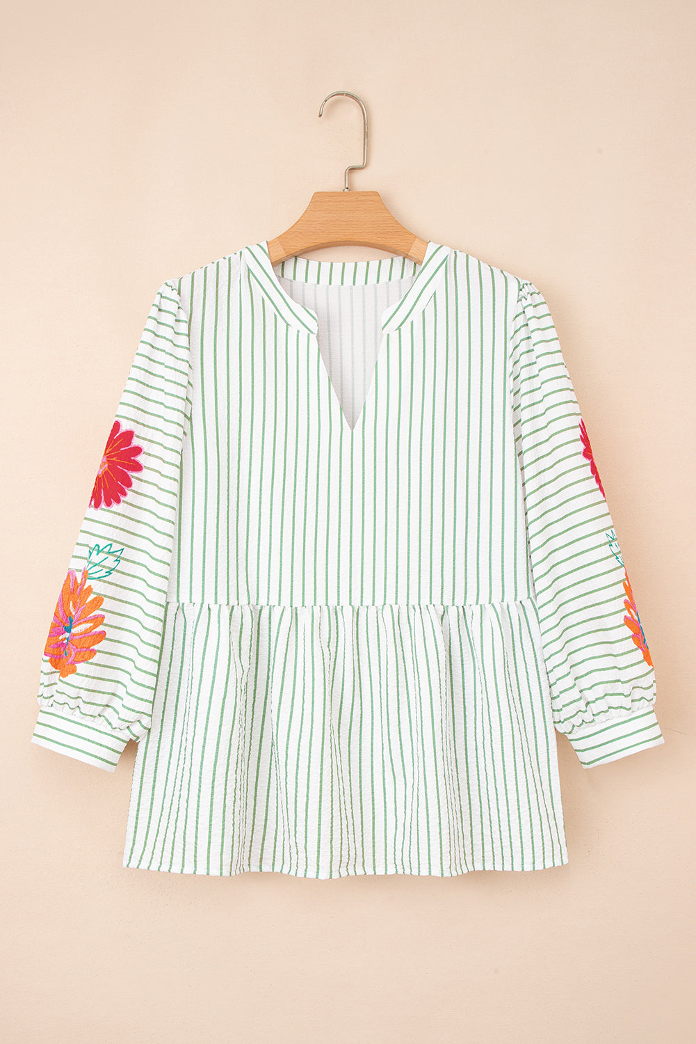 Green Stripe Flower Puff Sleeve Notch Neck Babydoll Blouse