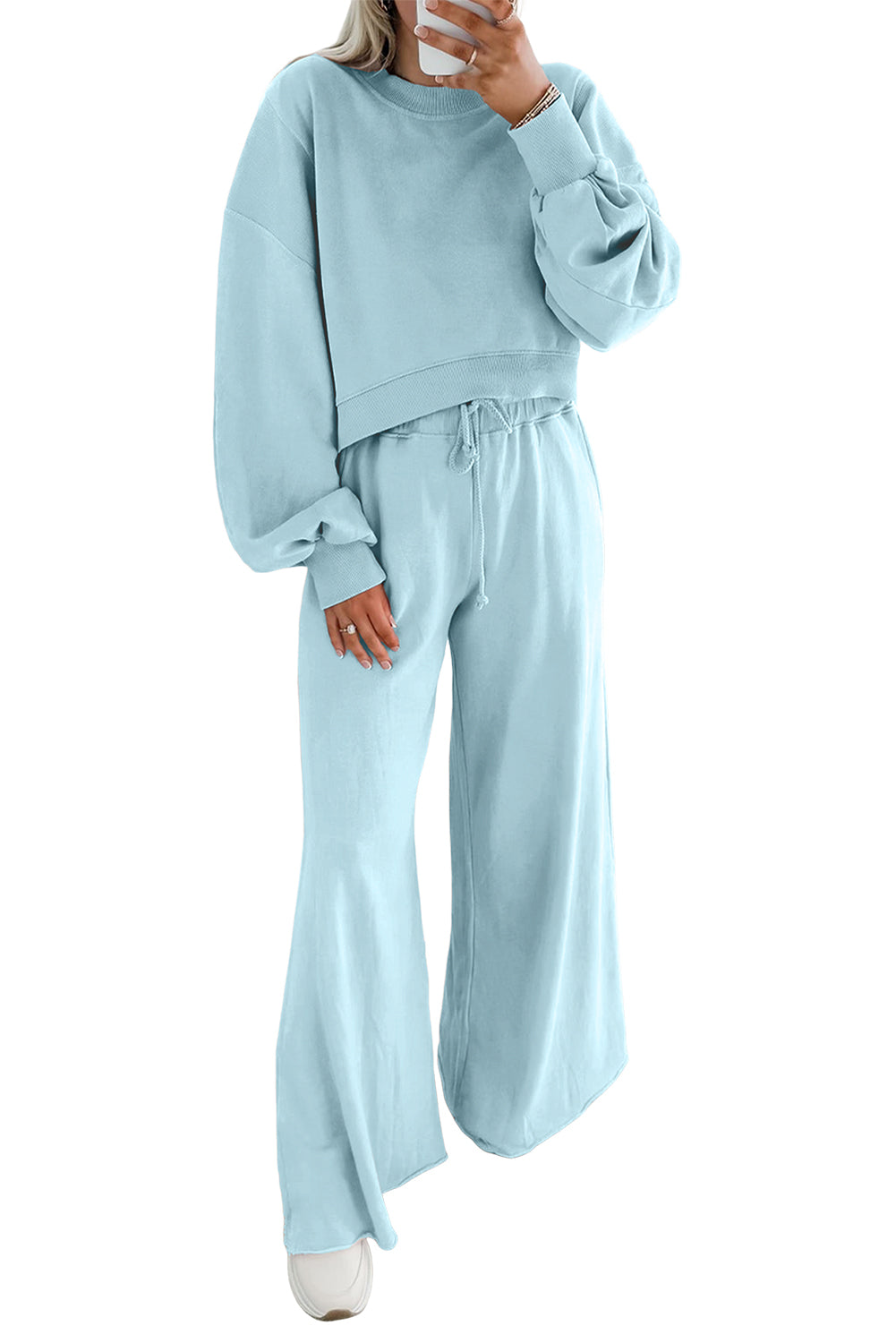 Bright Green Drop Shoulder Crop Pullover Drawstring Wide Leg Pants Set