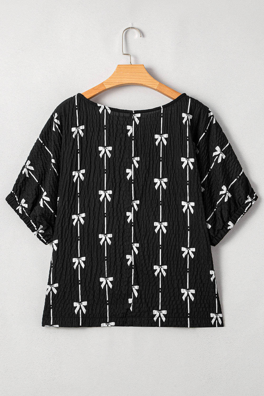 Black Bow Print Striped Puff Short Sleeve Blouse