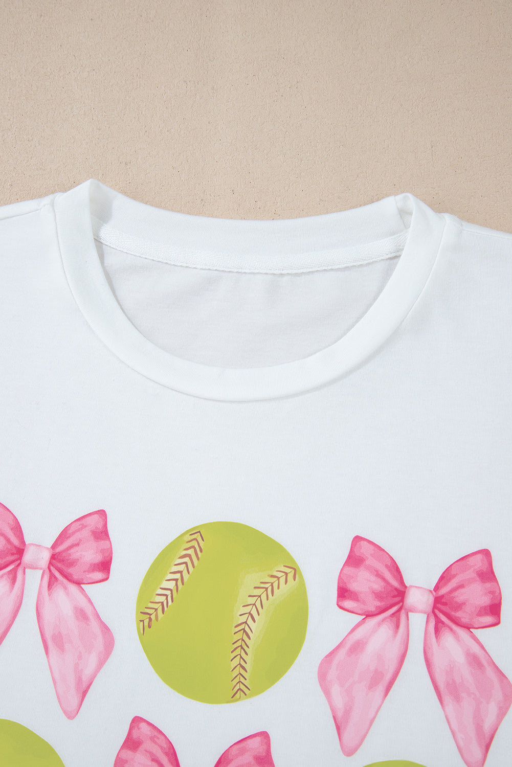 White Casual Bow Tie Baseball Graphic Round Neck Tee