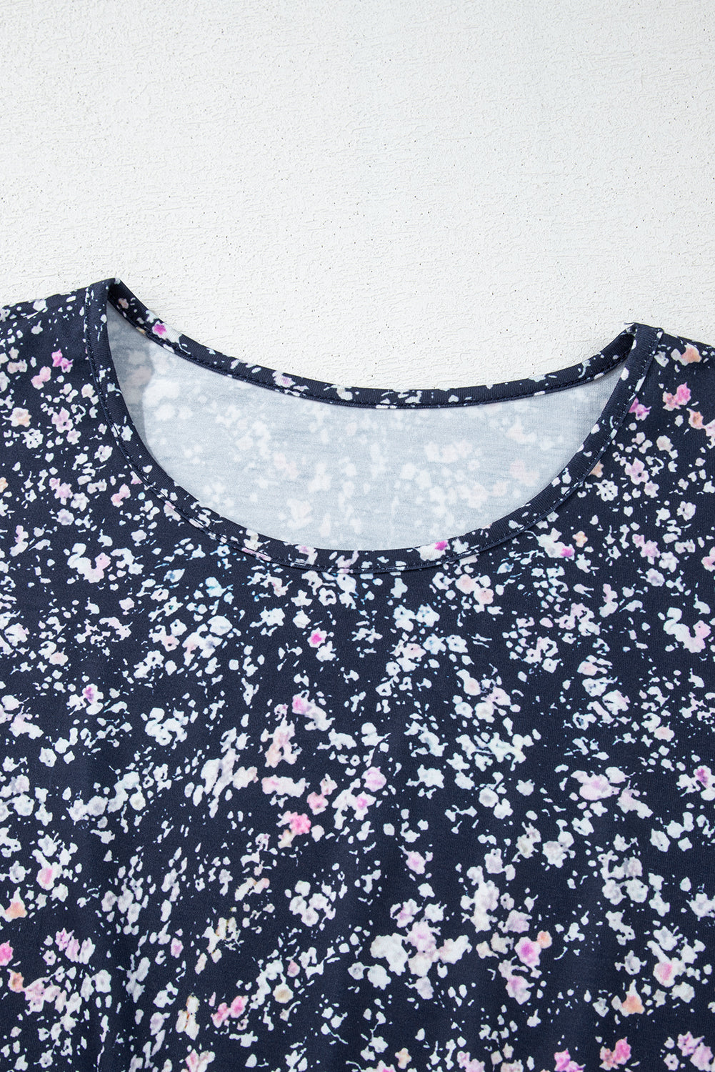 Blue Ditsy Floral Color Block Ruffle Hem Long Sleeve Top
