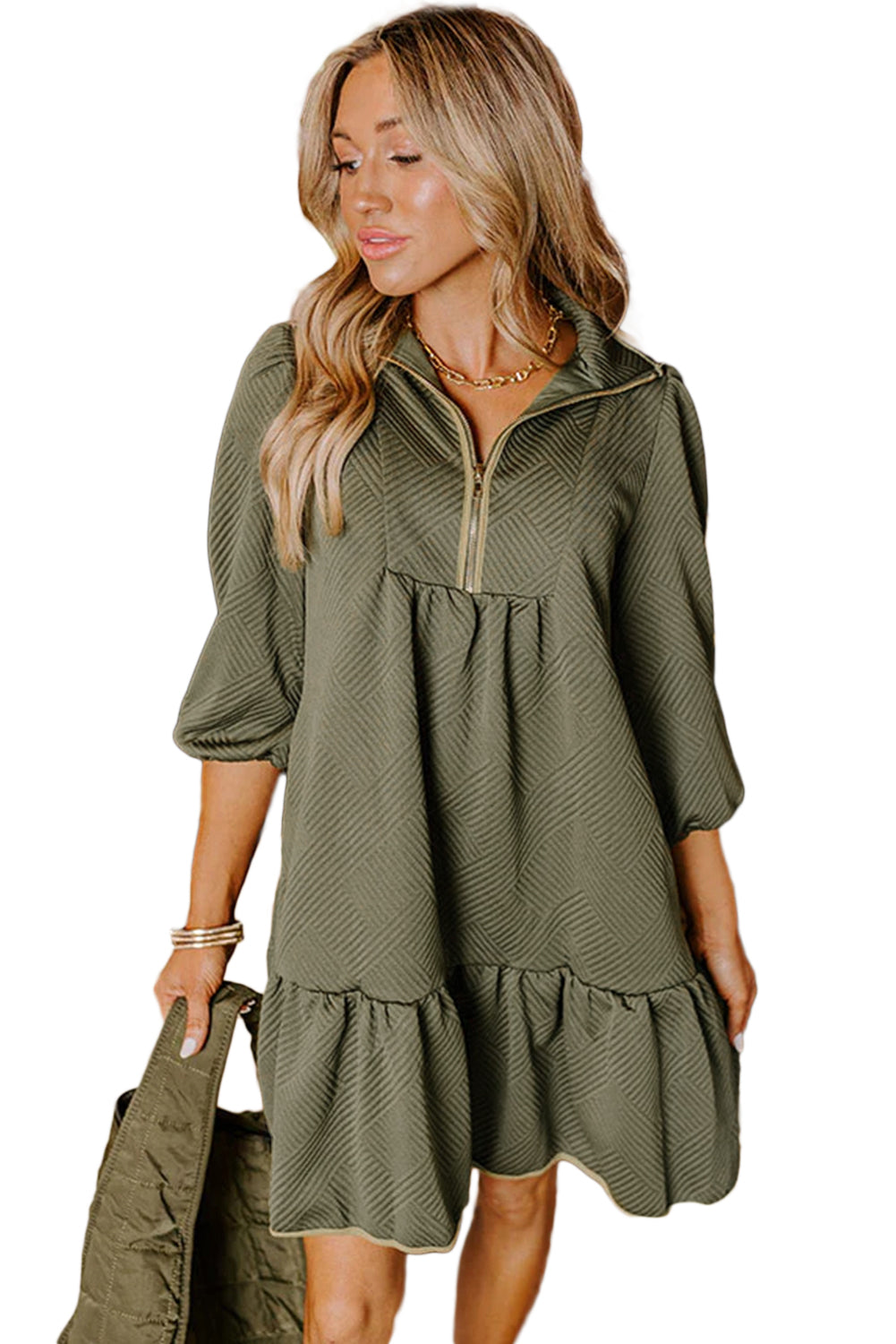 Desert Gold Quarter Zip Collar Bracelet Sleeve Textured Mini Dress
