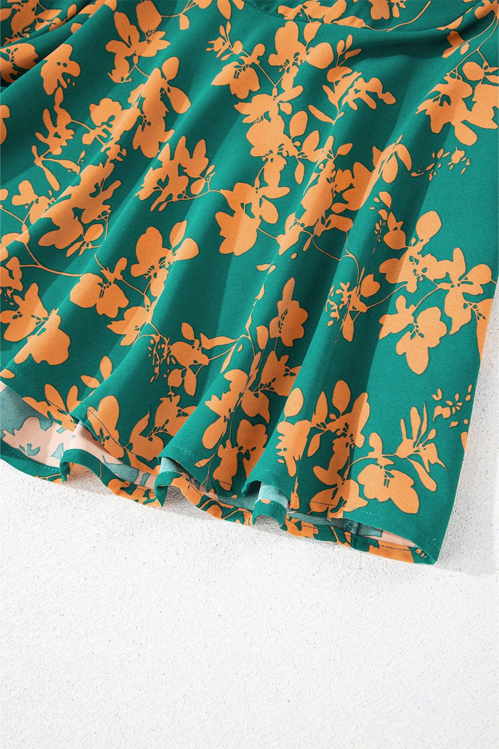 Green Floral Print Drawstring Flowy Short Dress
