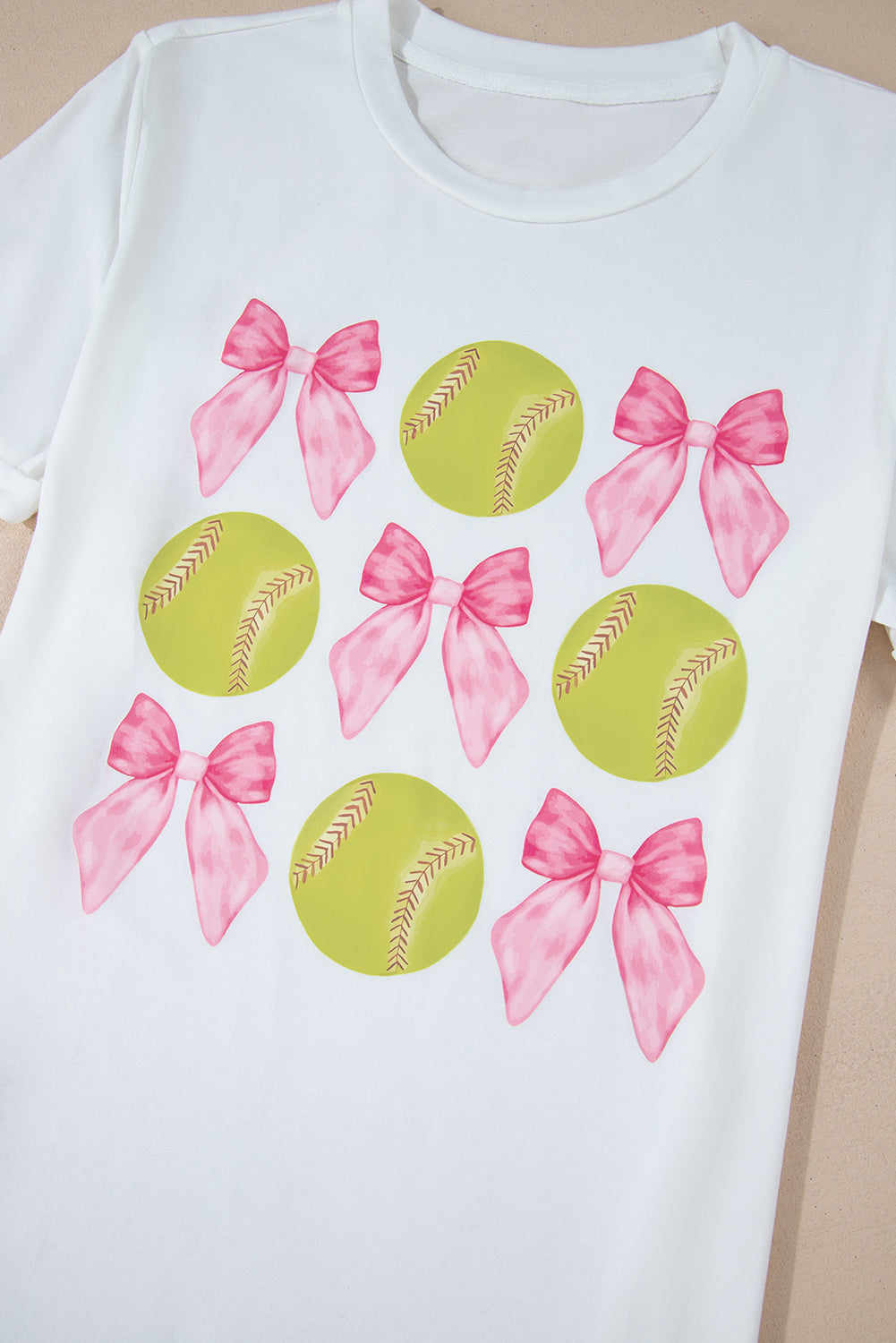 White Casual Bow Tie Baseball Graphic Round Neck Tee