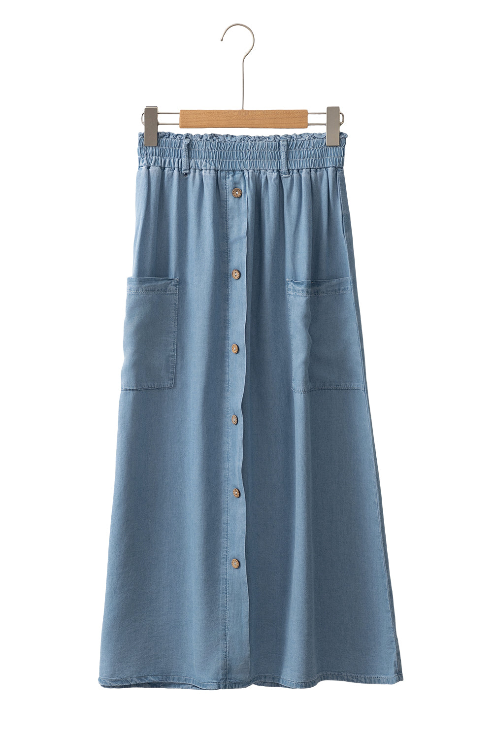 Beau Blue Buttoned Front High Waist Side Pockets Denim Maxi Skirt