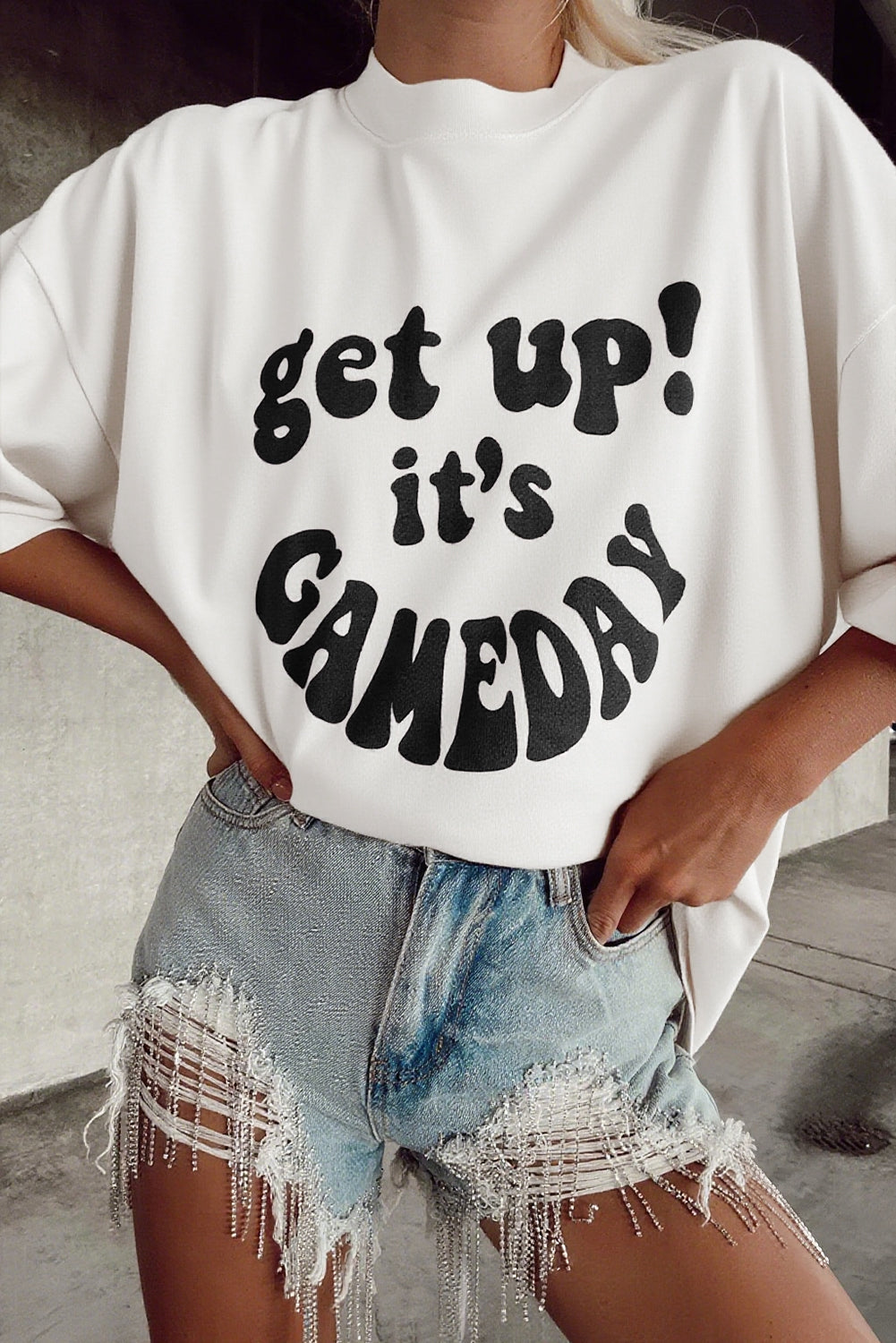 Beige GAME DAY Slogan Print Half Sleeve Oversize T Shirt