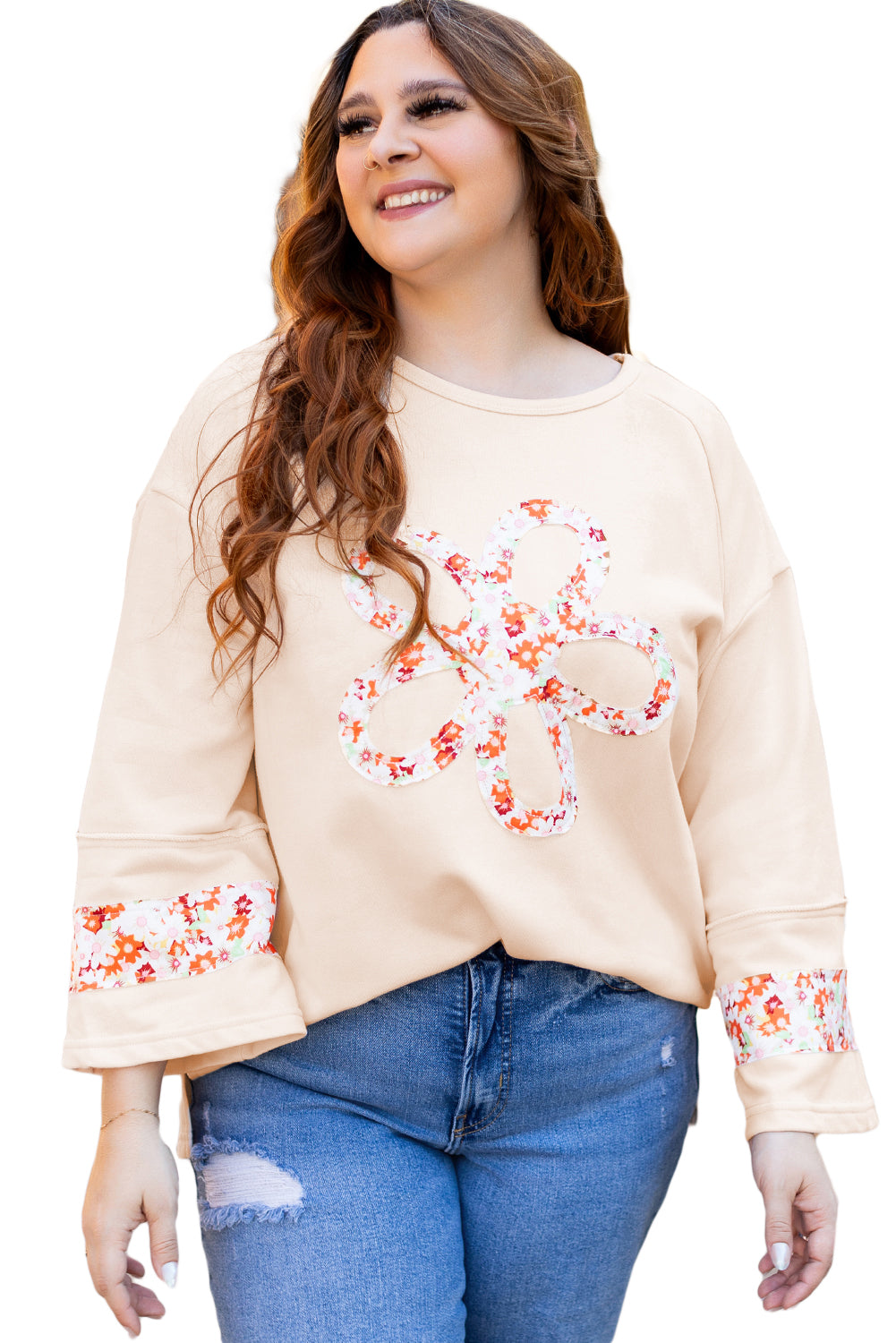 Beige Flower Patched Side Slits Plus Size Top