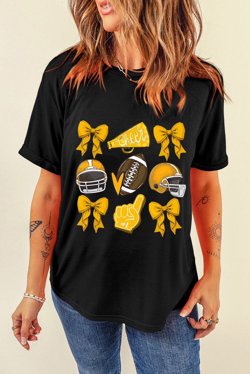 White Game Day Football Cheer Helmet Bow Graphic Tee