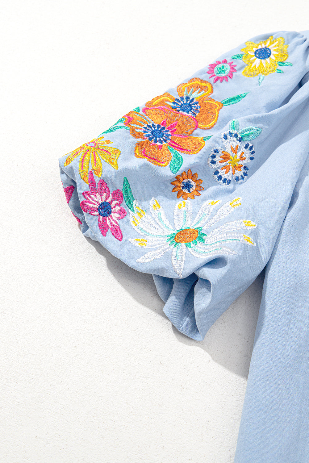Clearly Aqua Floral Embroidered Puff Sleeve Split Neck Blouse