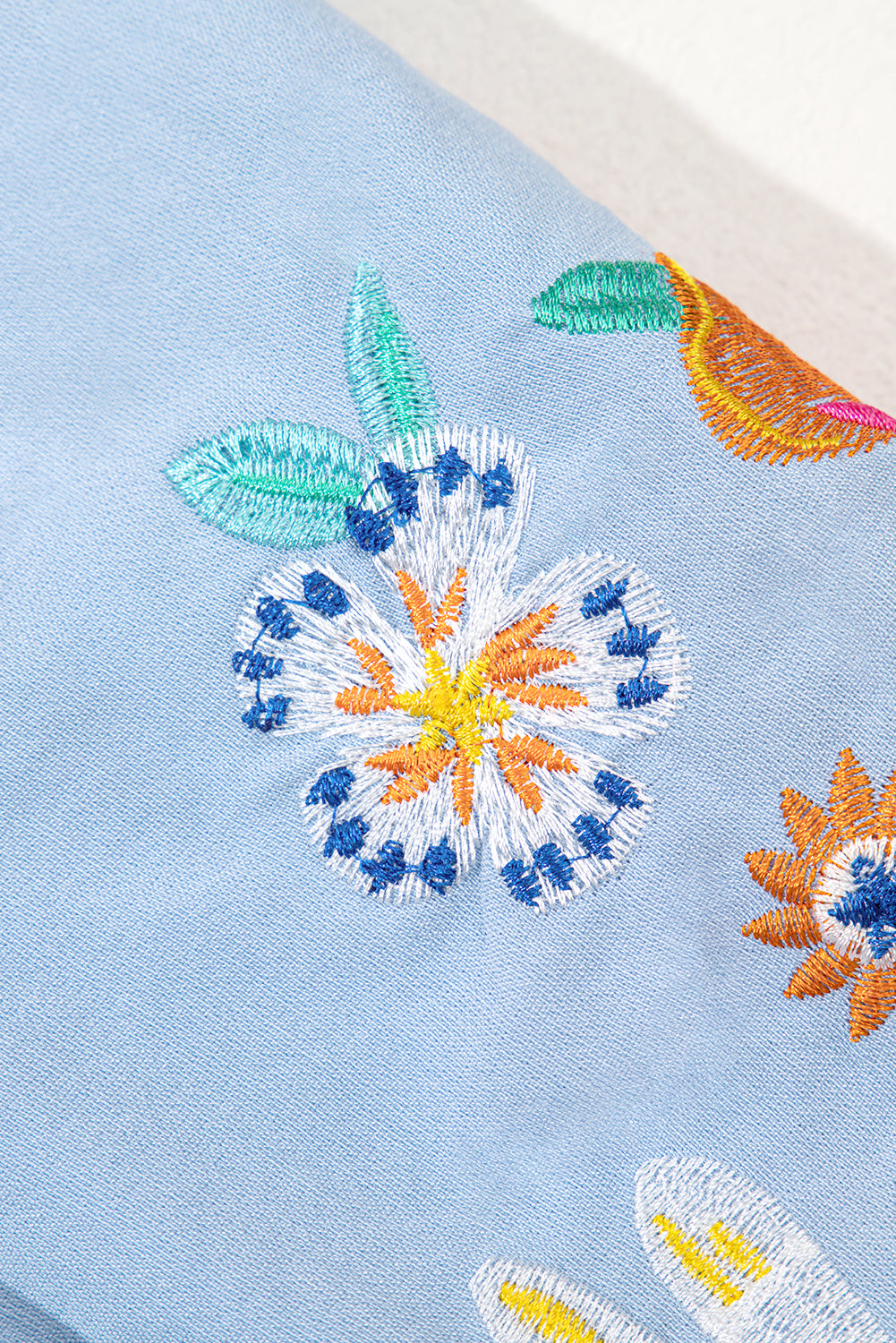 Clearly Aqua Floral Embroidered Puff Sleeve Split Neck Blouse