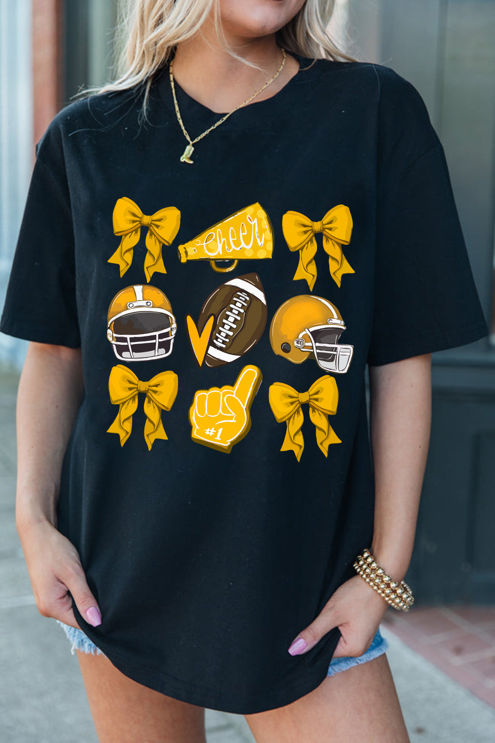 White Game Day Football Cheer Helmet Bow Graphic Tee