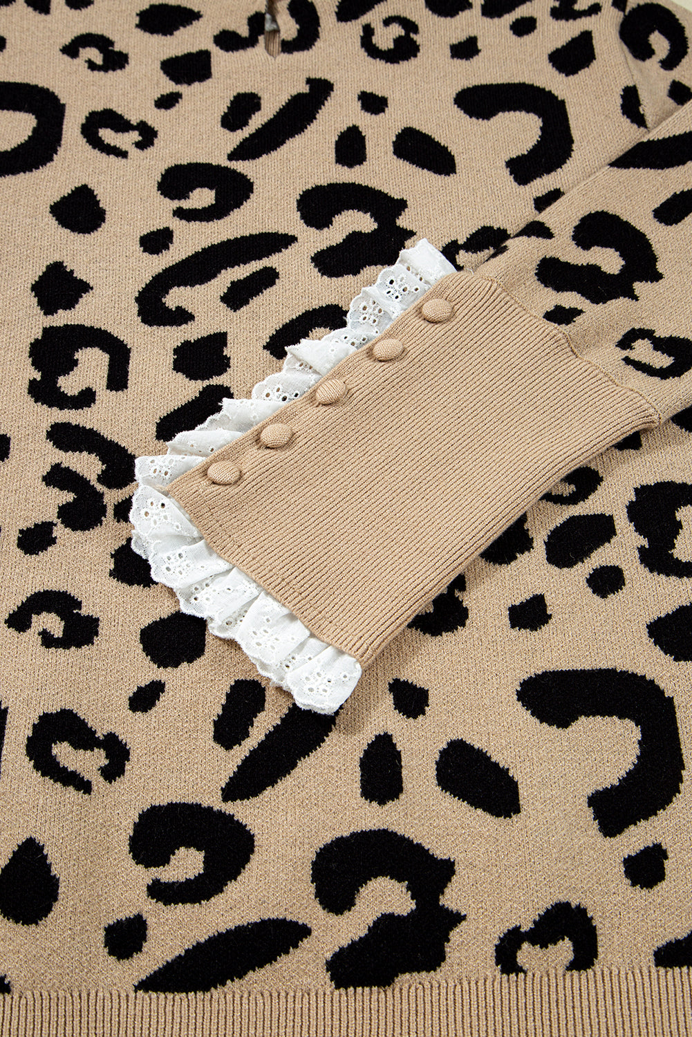 Brown Leopard Pattern Lace Trim Ribbed Detail Button Cuffed Sweater