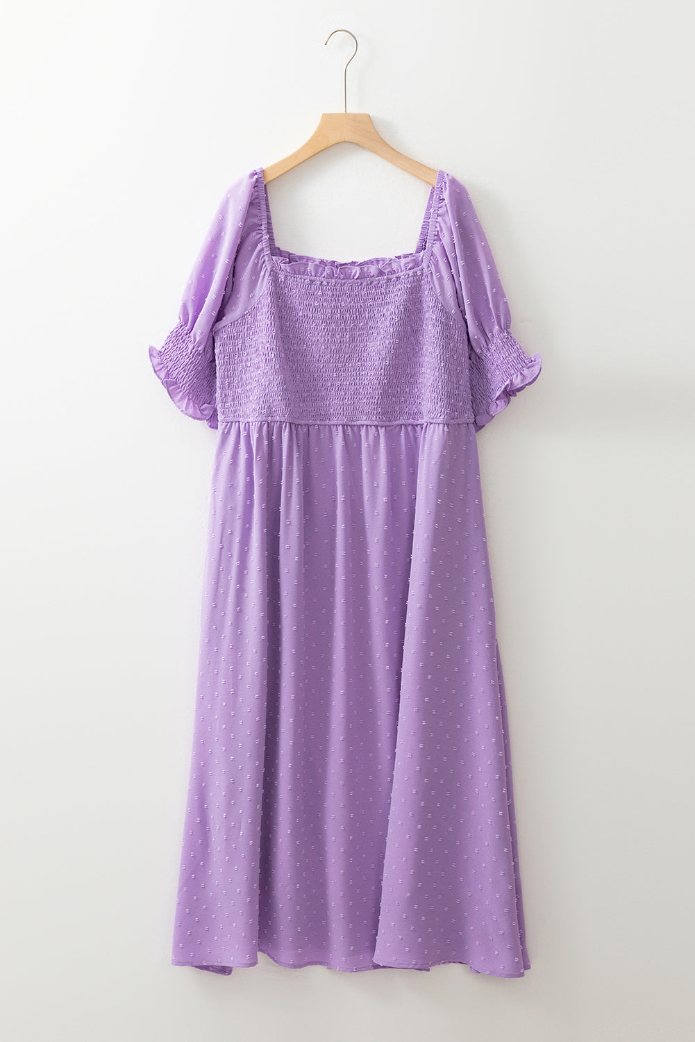 Wisteria Swiss Dot Smocked Frill Square Neck Plus Size Dress