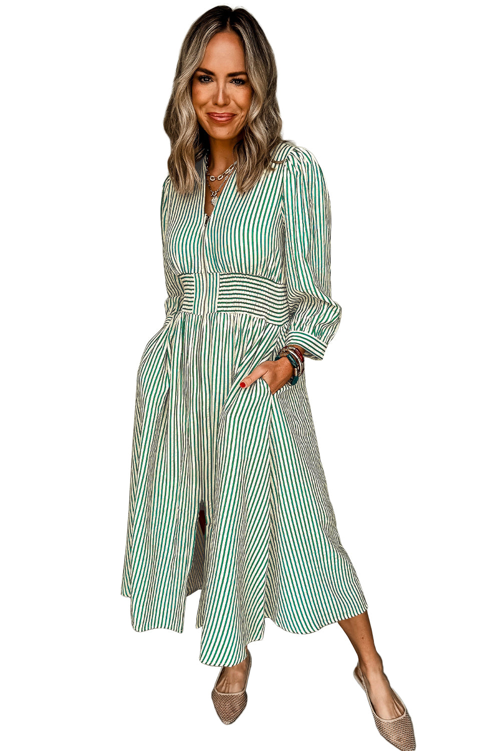 Green Striped V Neck Zip Front Cinched High Waist Midi Dress