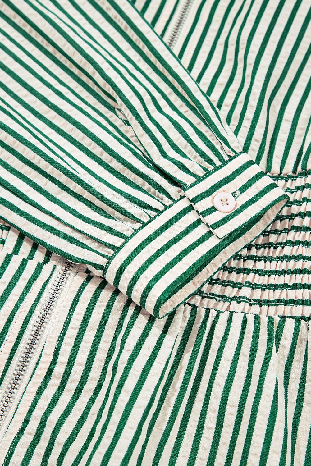 Green Striped V Neck Zip Front Cinched High Waist Midi Dress