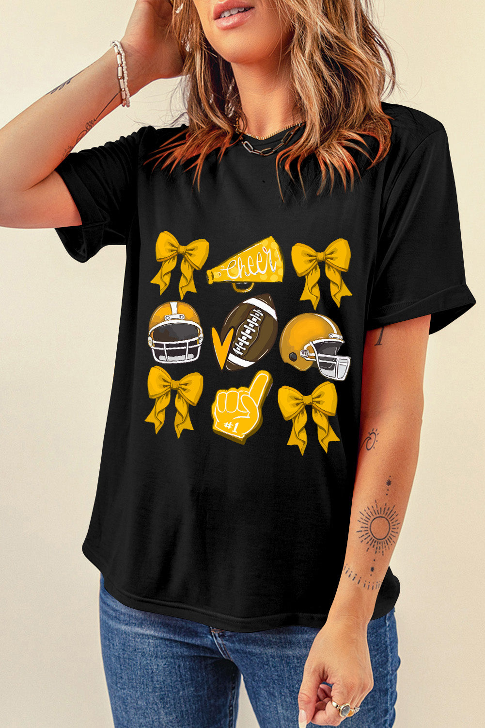 White Game Day Football Cheer Helmet Bow Graphic Tee