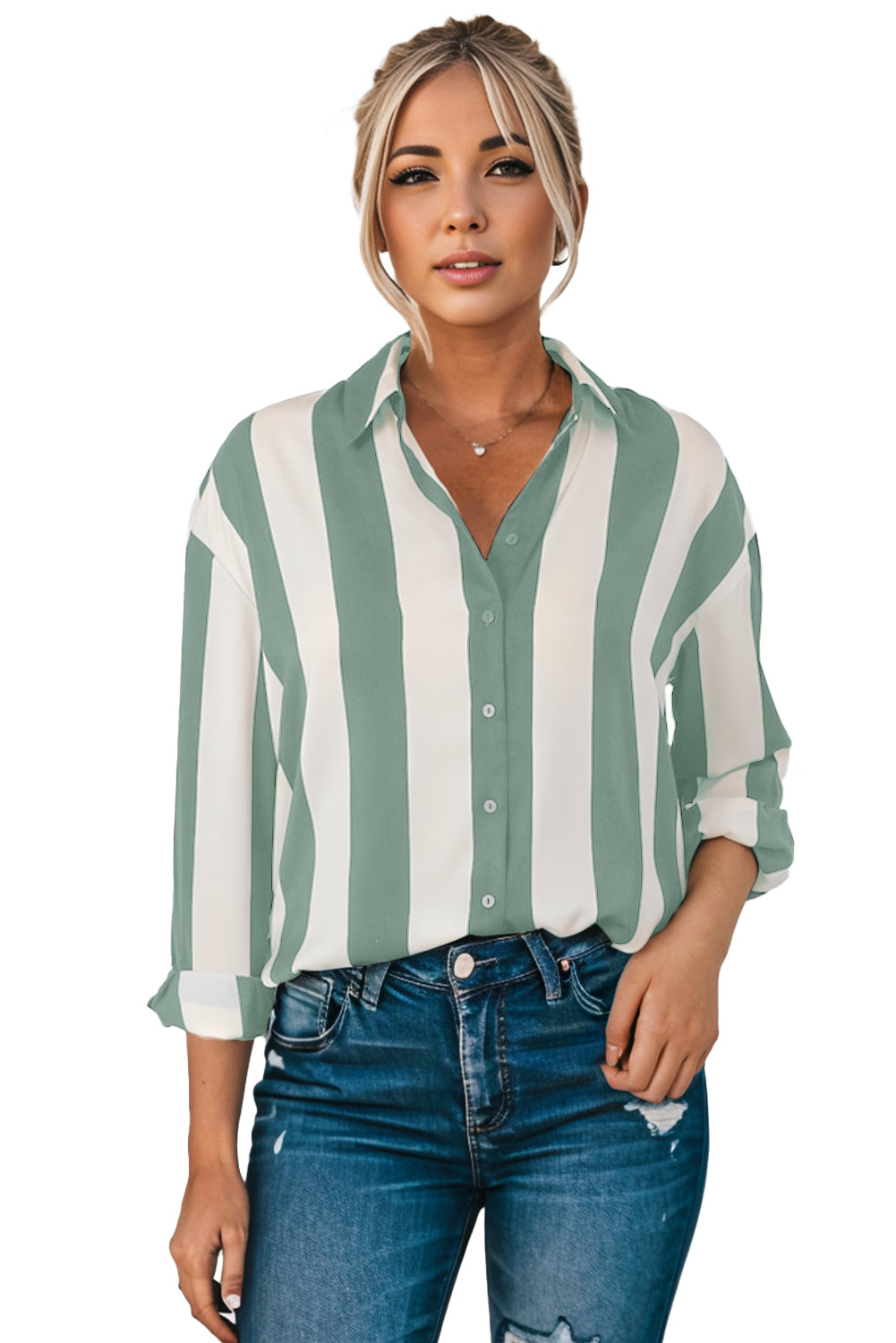 Green Striped Soft Relaxed Button Up Shirt
