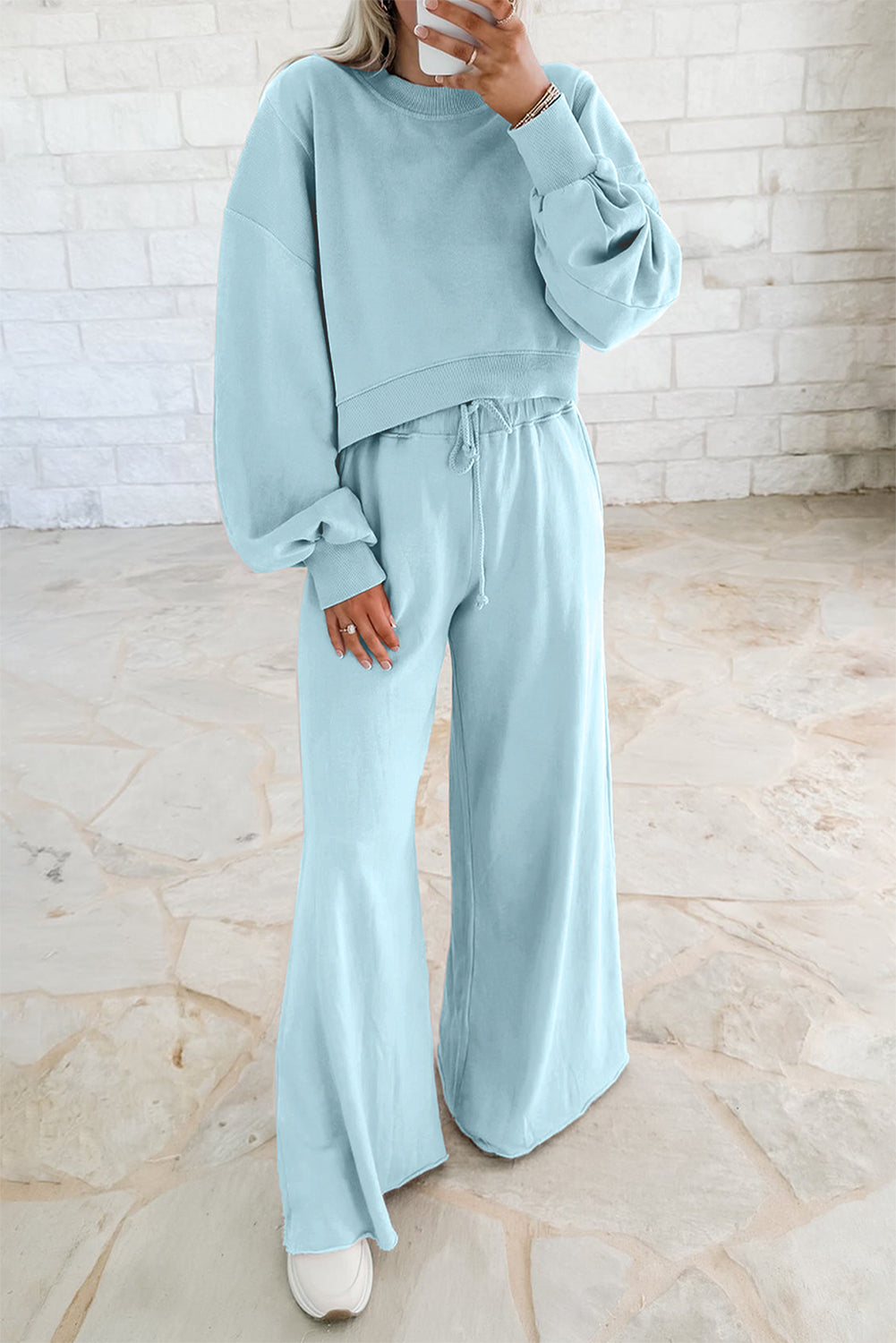 Bright Green Drop Shoulder Crop Pullover Drawstring Wide Leg Pants Set
