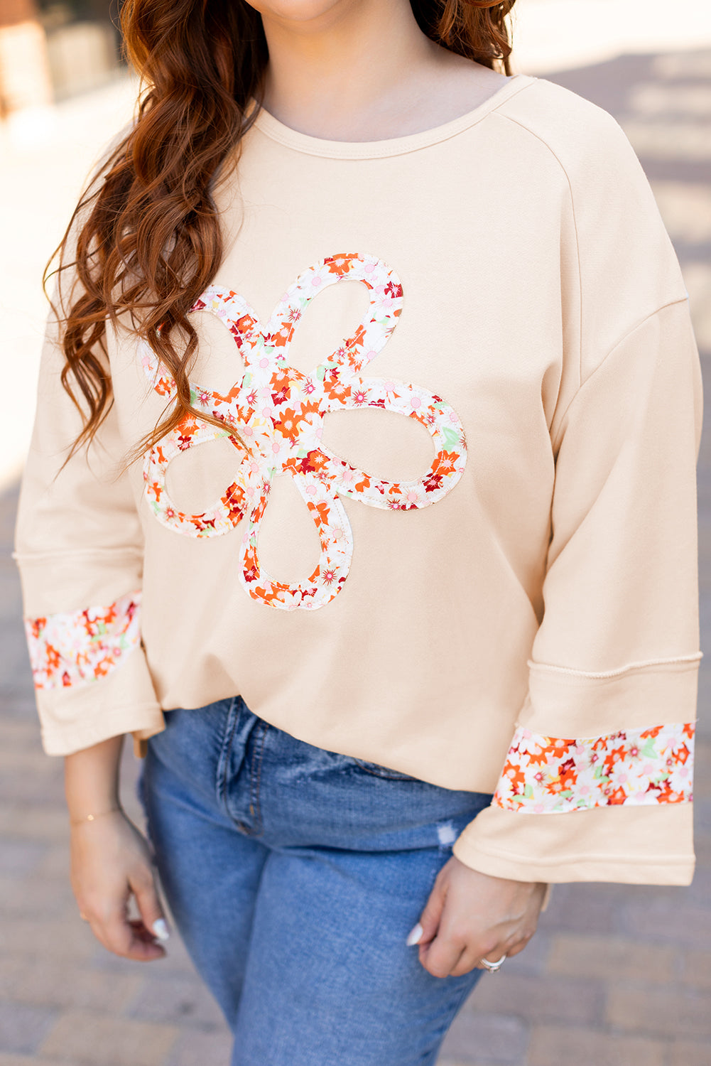 Beige Flower Patched Side Slits Plus Size Top