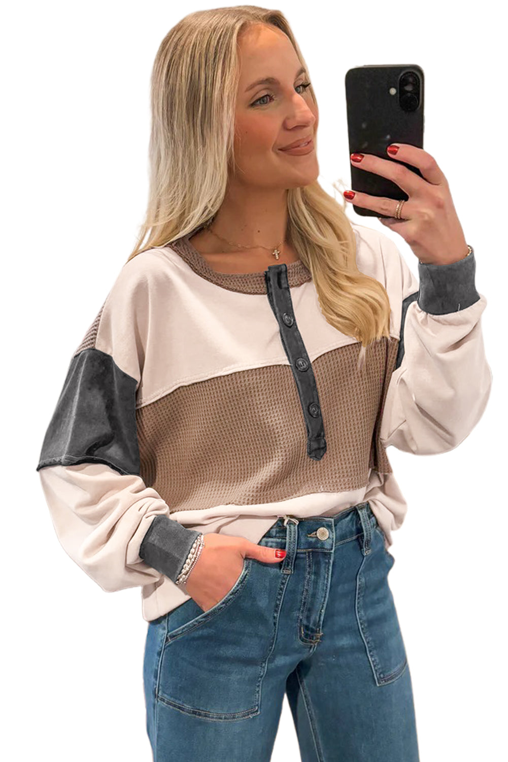 Jet Stream Colorblock Waffle Patchwork Loose Henley Top