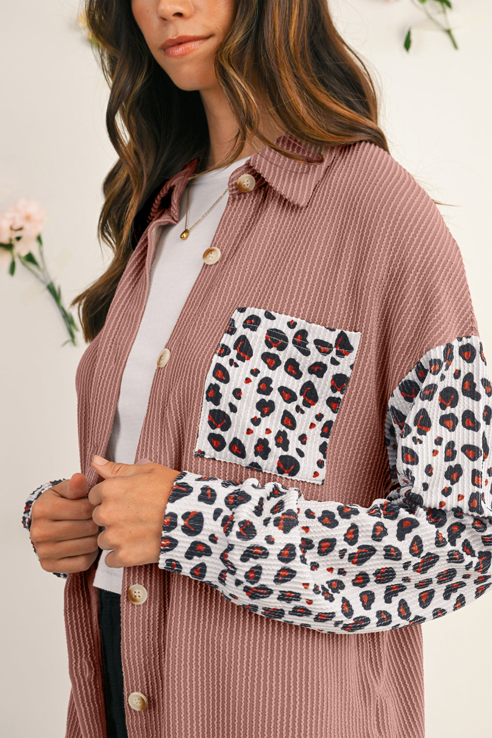 Dark Khaki Leopard Patchwork Twisted Ribbed Casual Shacket