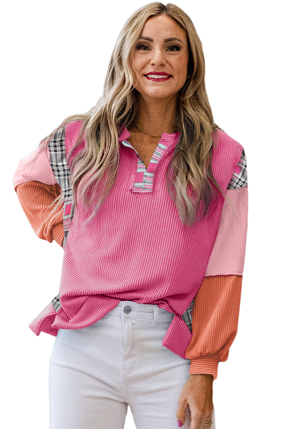 Aruba Blue Corded Texture Plaid Patchwork Split Neck Long Sleeve Top