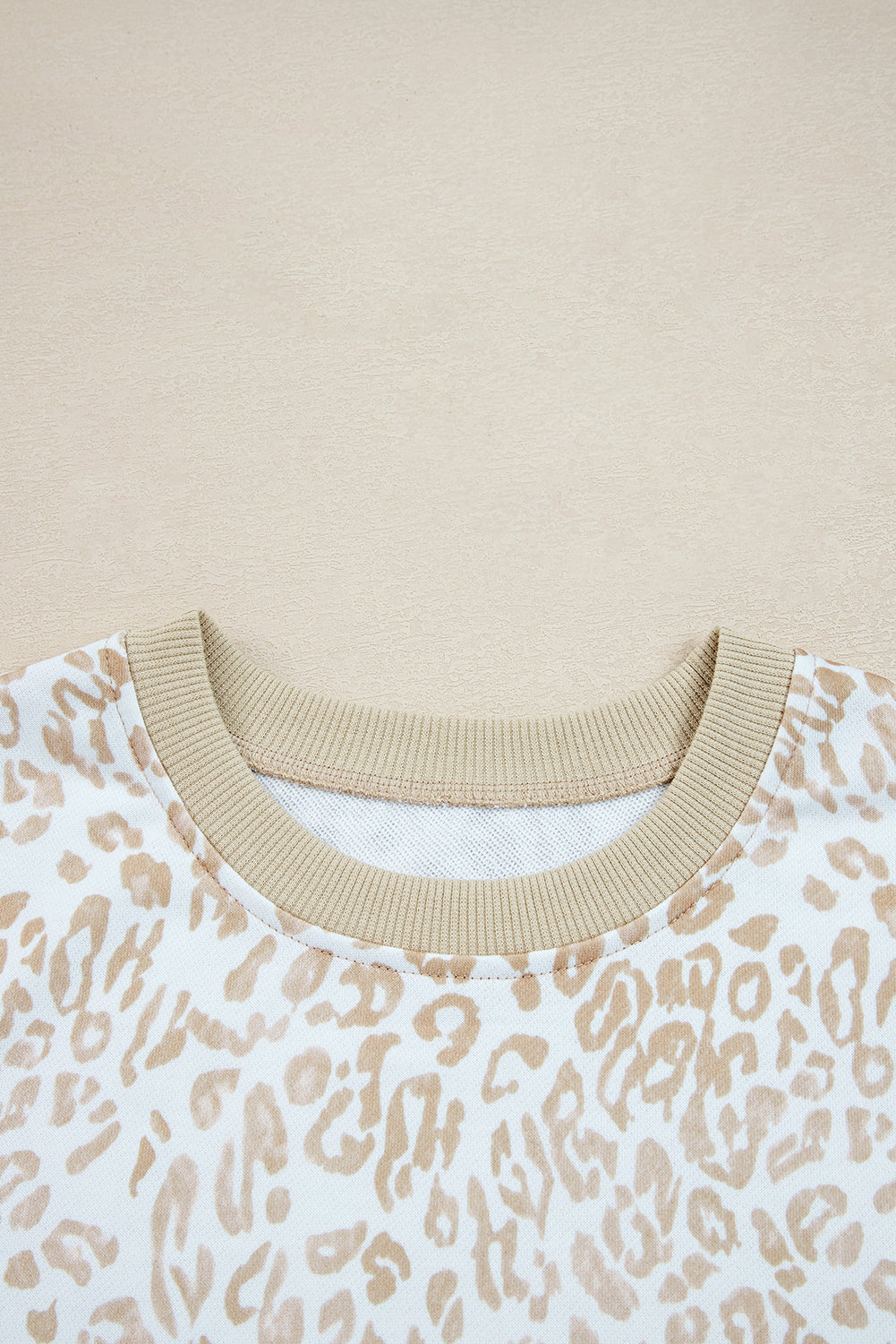 Khaki Ribbed Trim Ruffle Detail Leopard Round Neck Sweatshirt