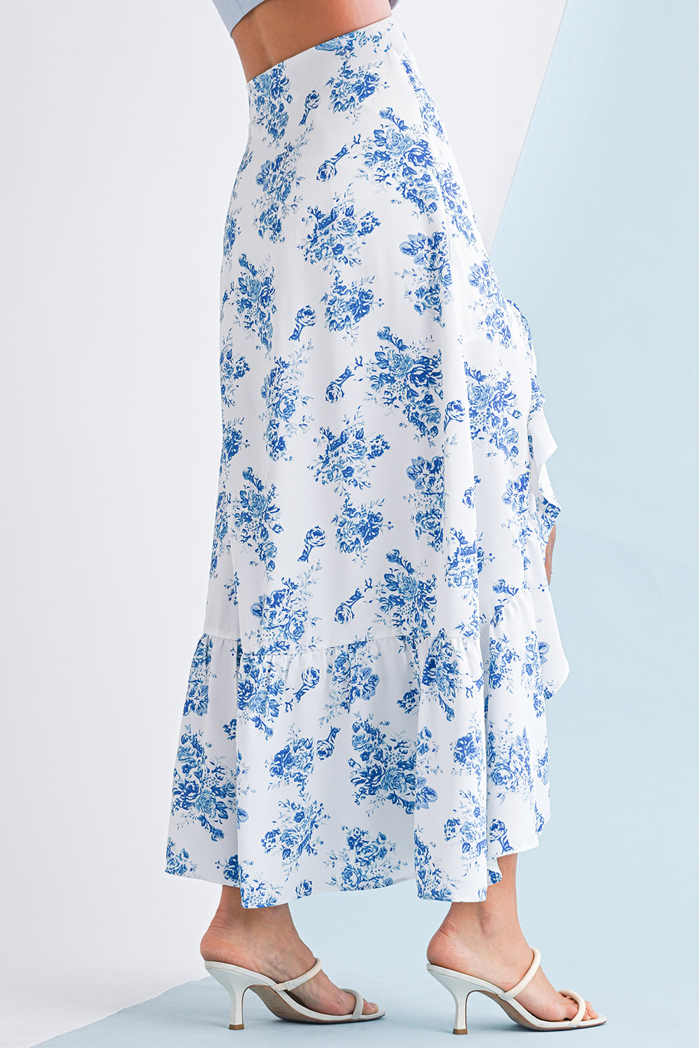 Sky Blue Boho Floral High Waist Ruffle Split Maxi Skirt