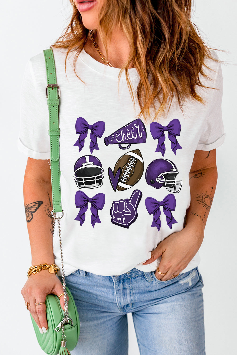 White Game Day Football Cheer Helmet Bow Graphic Tee