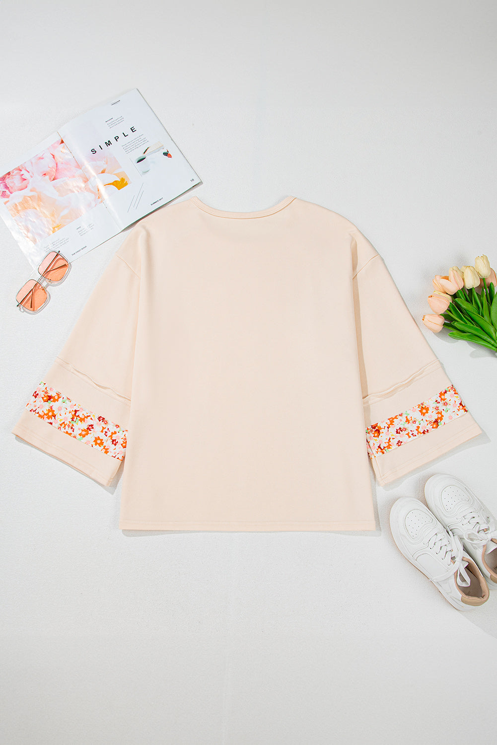Beige Flower Patched Side Slits Plus Size Top