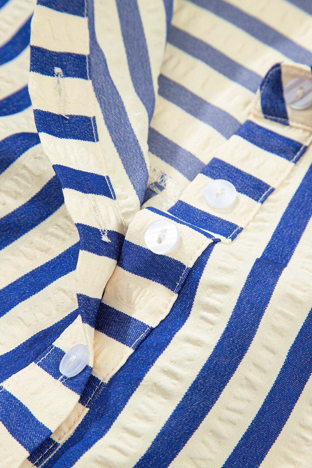Blue Striped Collared Half Button Side Pockets Loose Fit Mini Dress