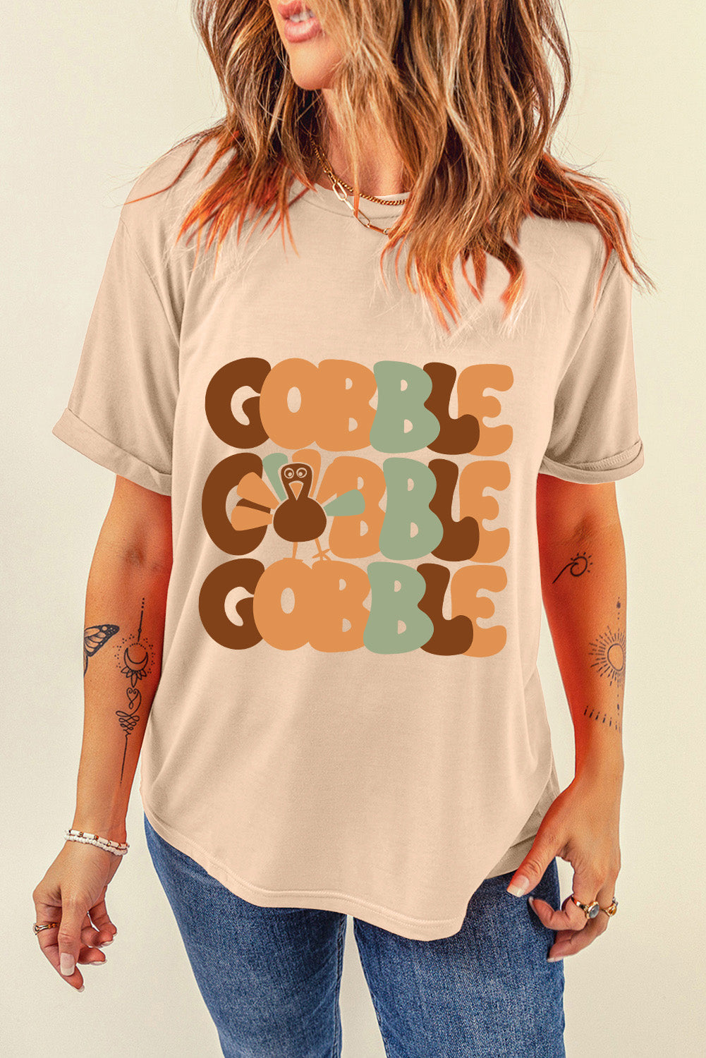 Khaki GOBBLE Turkey Heat Transfer Printing Thanksgiving Graphic Tee