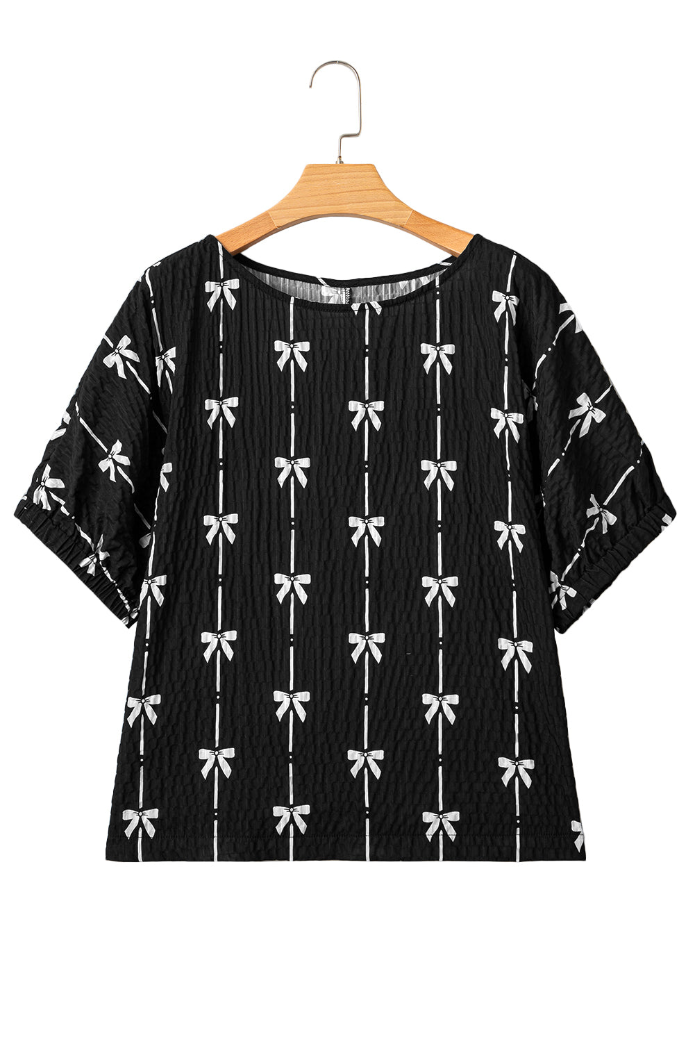 Black Bow Print Striped Puff Short Sleeve Blouse