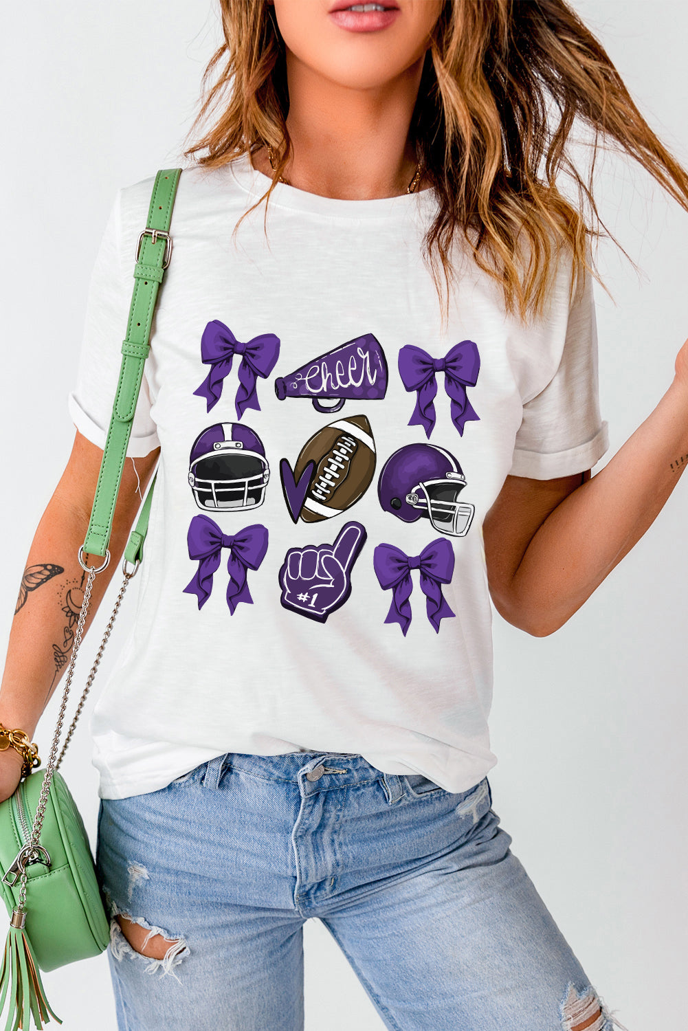White Game Day Football Cheer Helmet Bow Graphic Tee