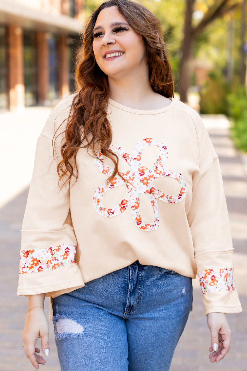 Beige Flower Patched Side Slits Plus Size Top