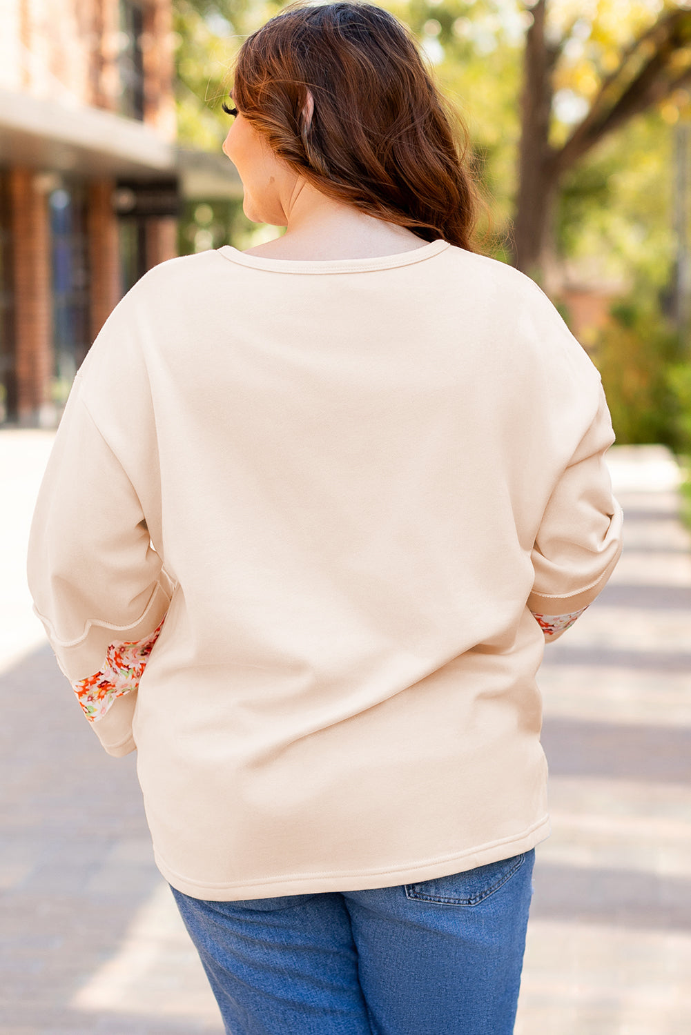 Beige Flower Patched Side Slits Plus Size Top