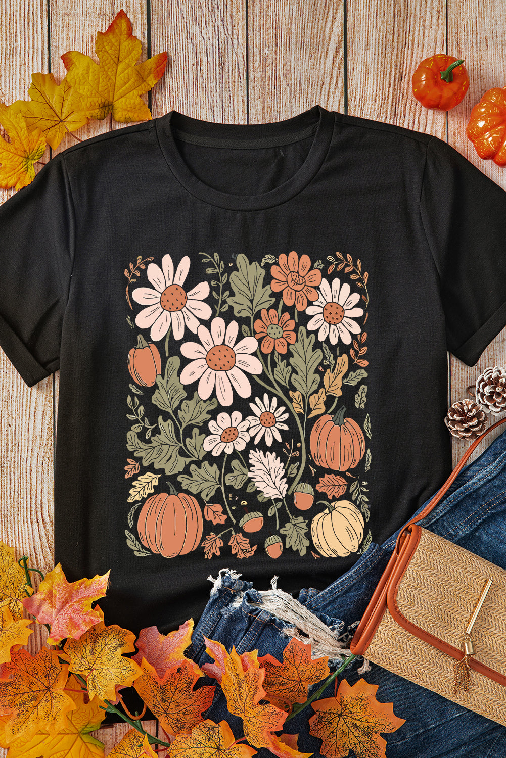 Black Wild Flower Pumpkin Print T Shirt