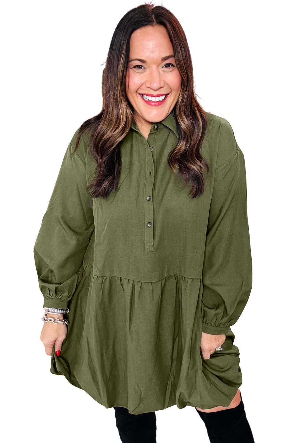 Green Plus Size Long Sleeve Ruffle Hem Mini Shirt Dress