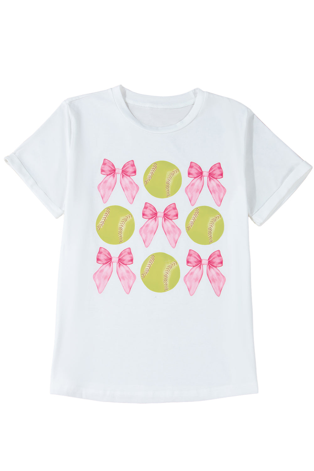 White Casual Bow Tie Baseball Graphic Round Neck Tee