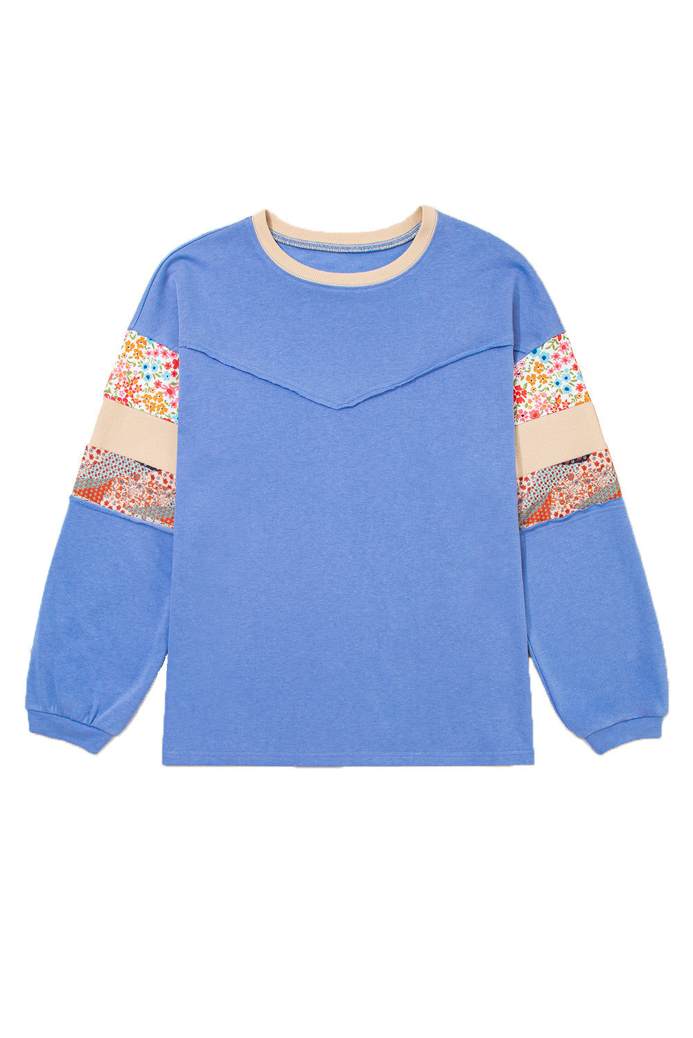 Blue Exposed Seam Floral Mixed Patchwork Plus Size Top