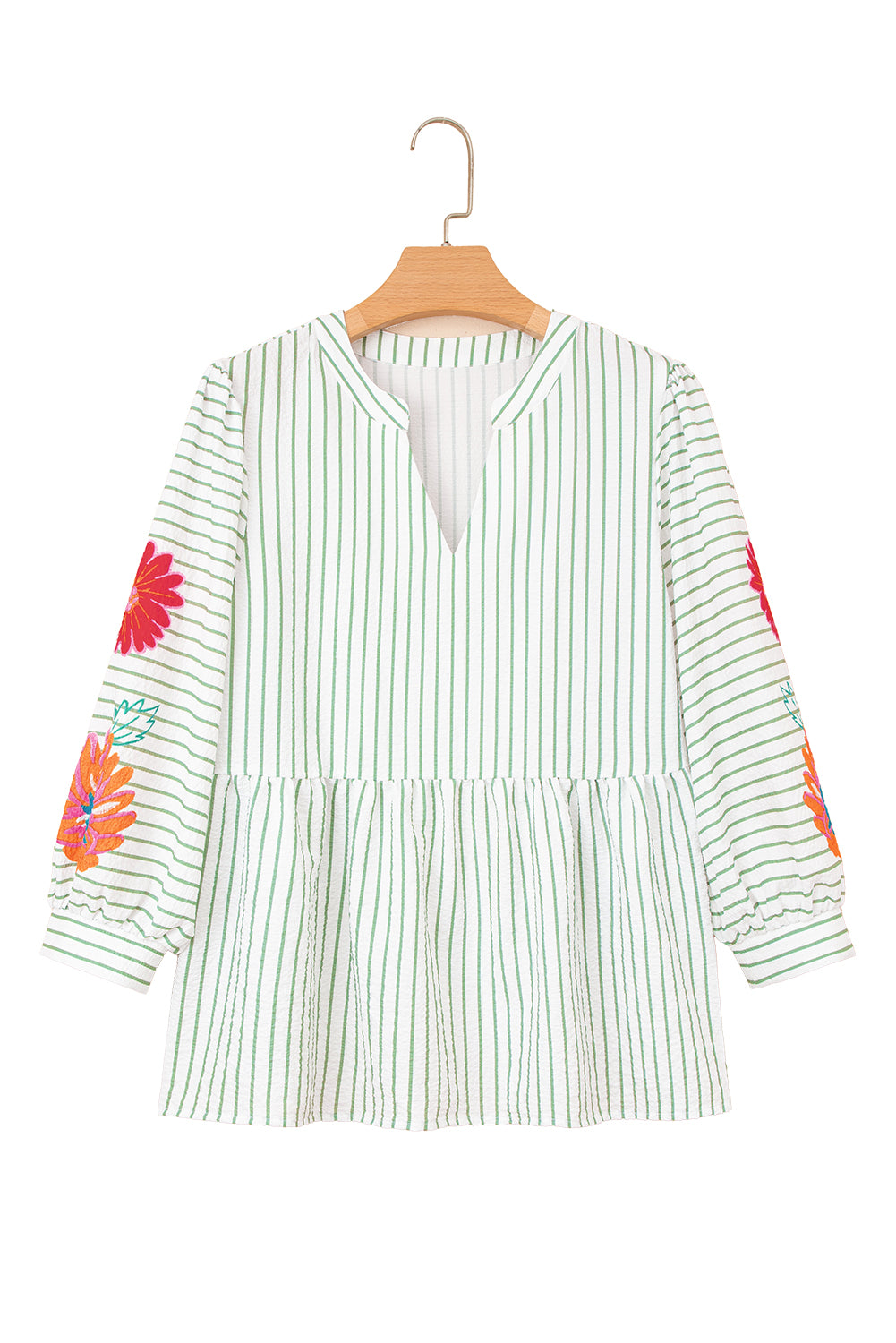 Green Stripe Flower Puff Sleeve Notch Neck Babydoll Blouse