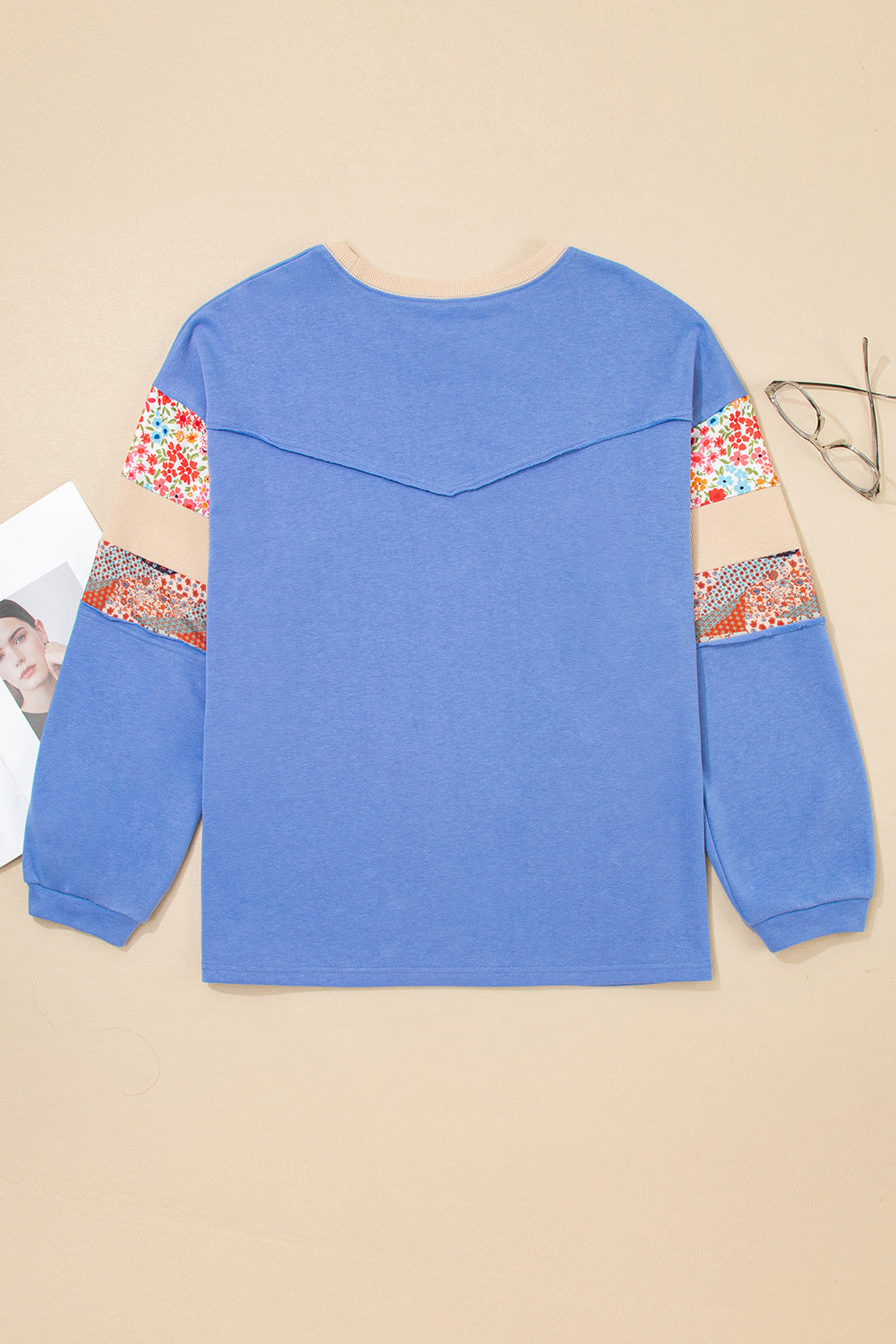 Blue Exposed Seam Floral Mixed Patchwork Plus Size Top