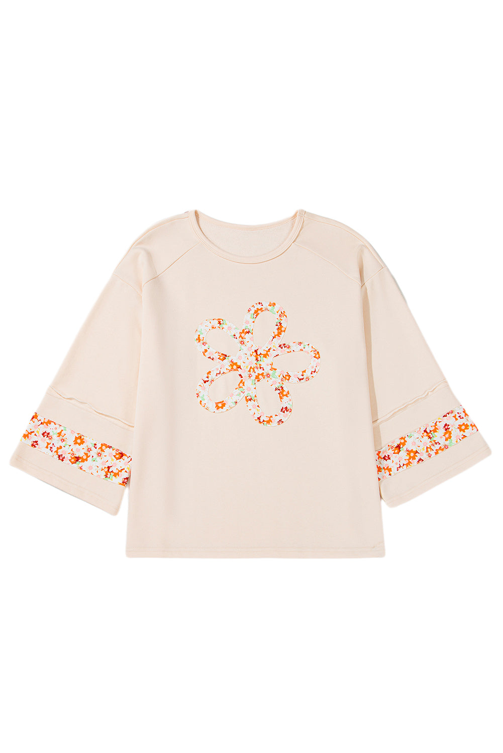 Beige Flower Patched Side Slits Plus Size Top