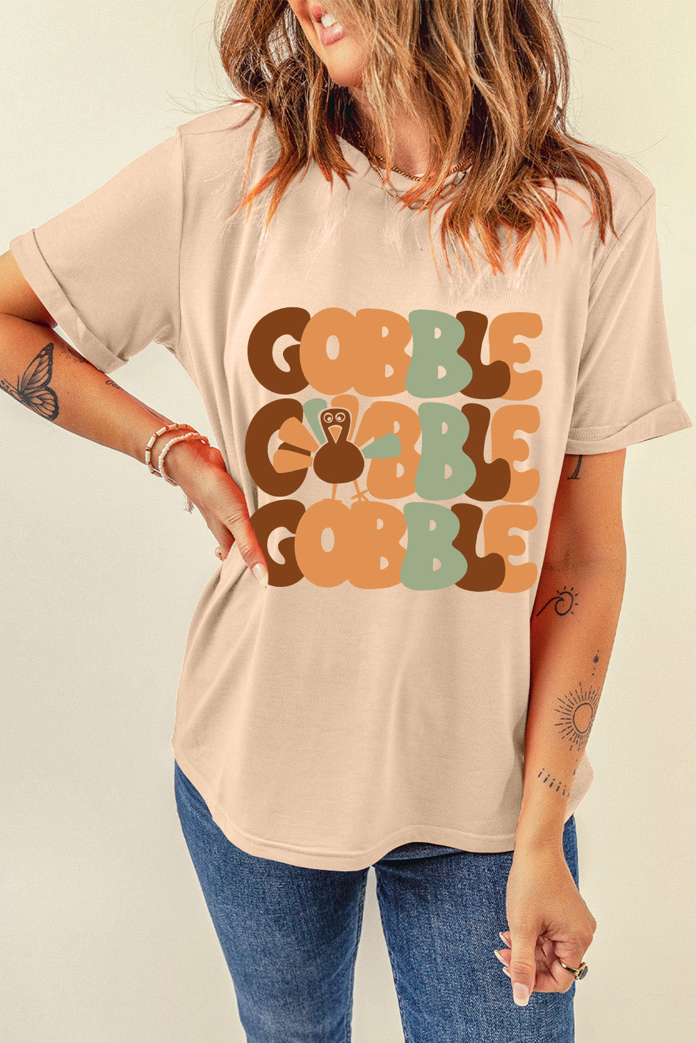 Khaki GOBBLE Turkey Heat Transfer Printing Thanksgiving Graphic Tee