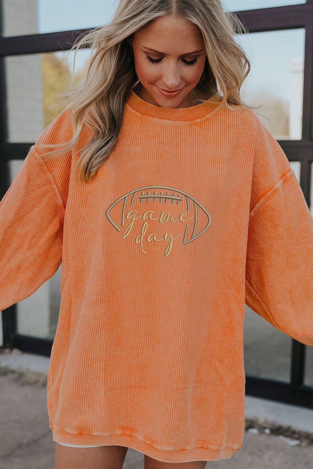 Apricot Football Graphic Drop Shoulder Game Day Corded Sweatshirt