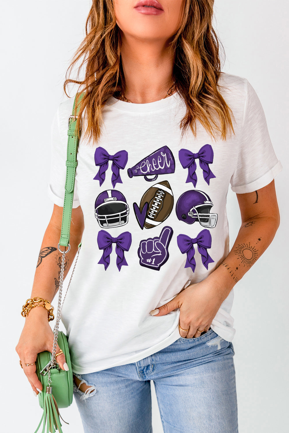 White Game Day Football Cheer Helmet Bow Graphic Tee