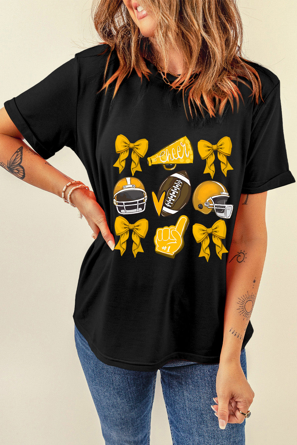 White Game Day Football Cheer Helmet Bow Graphic Tee