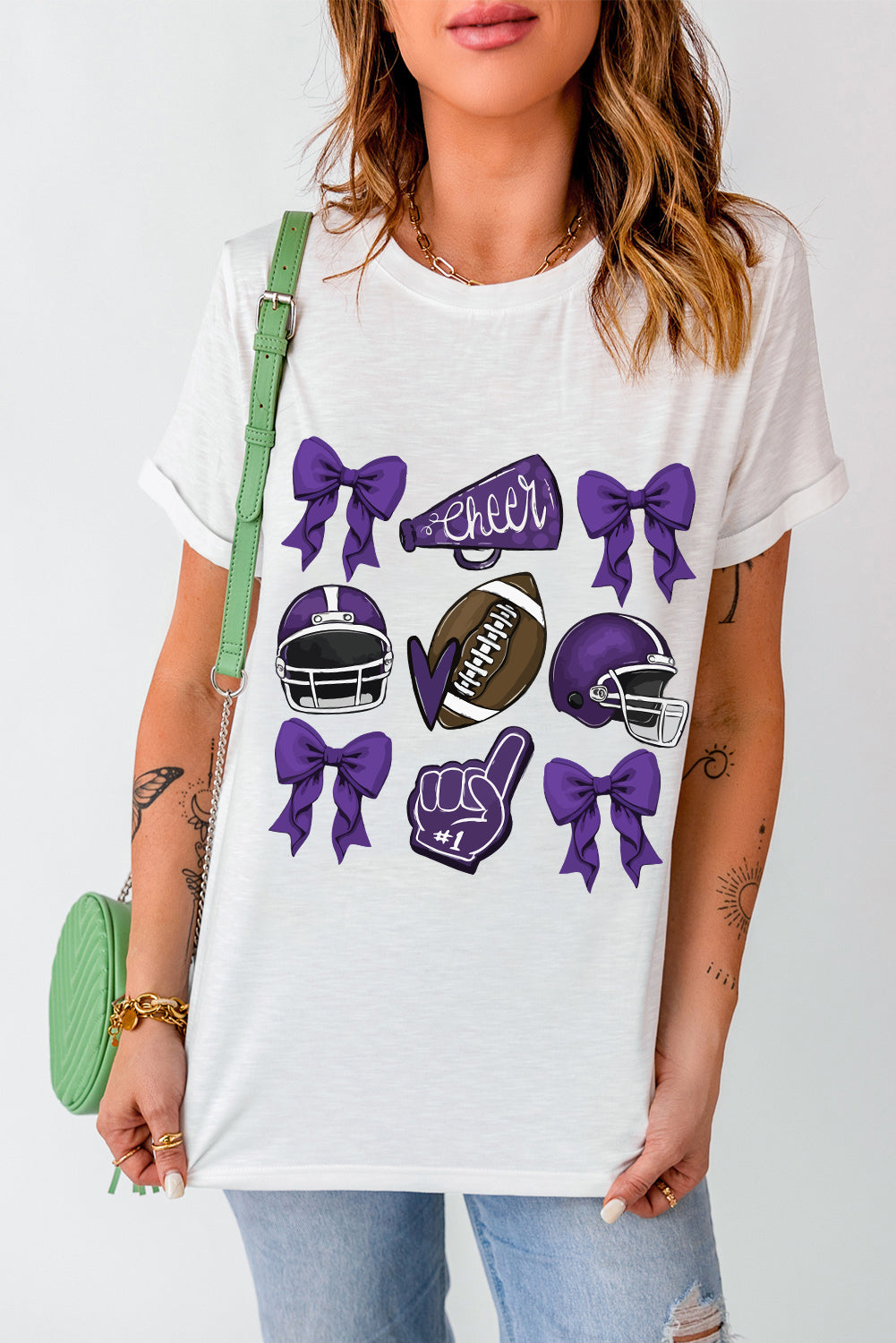 White Game Day Football Cheer Helmet Bow Graphic Tee