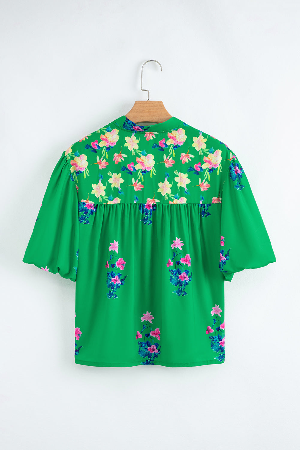 Green Floral Detail Tie Split Neck Puff Sleeve Blouse