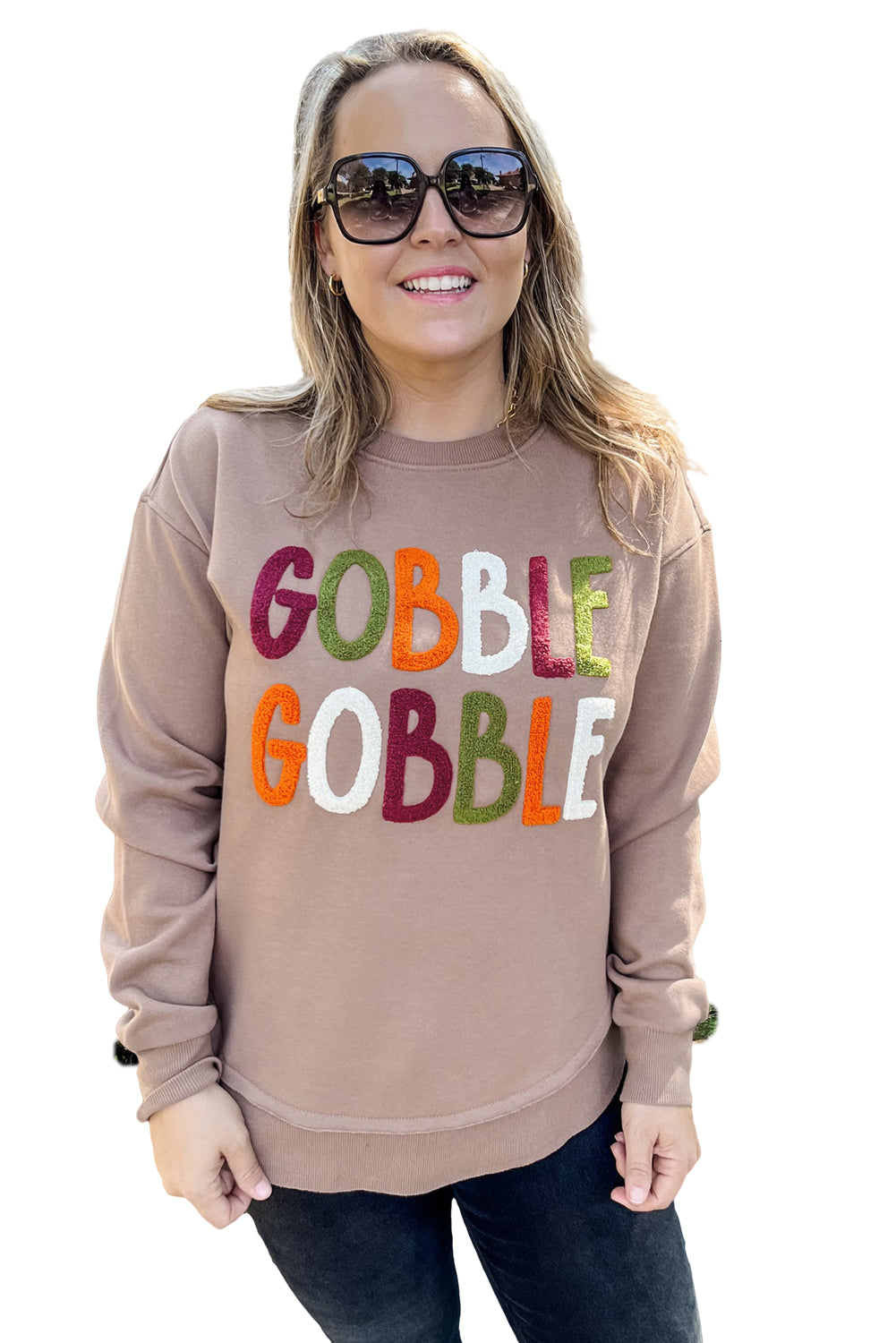 Dark Khaki GOBBLE Letter Graphic Thanksgiving Sweatshirt